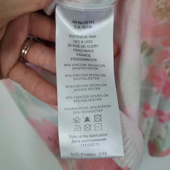 Leo & Ugo Paris Floral Sweater Sz 2 Medium Rhinestone Pastel Coastal Grandma - Picture 6 of 7